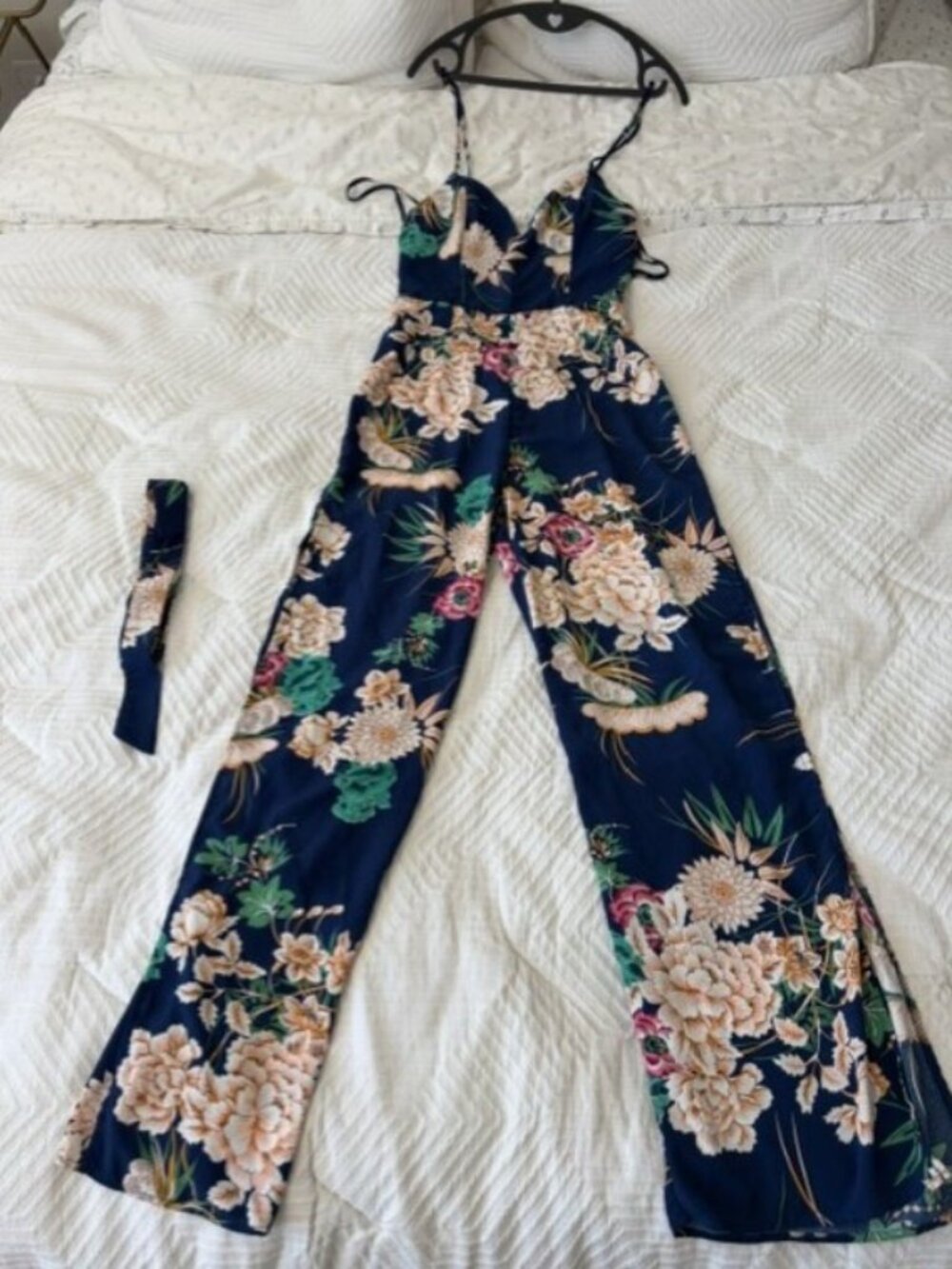 Indikah Navy Floral Wide Leg Jumpsuit | V-Neck Tie Strap | Size XS